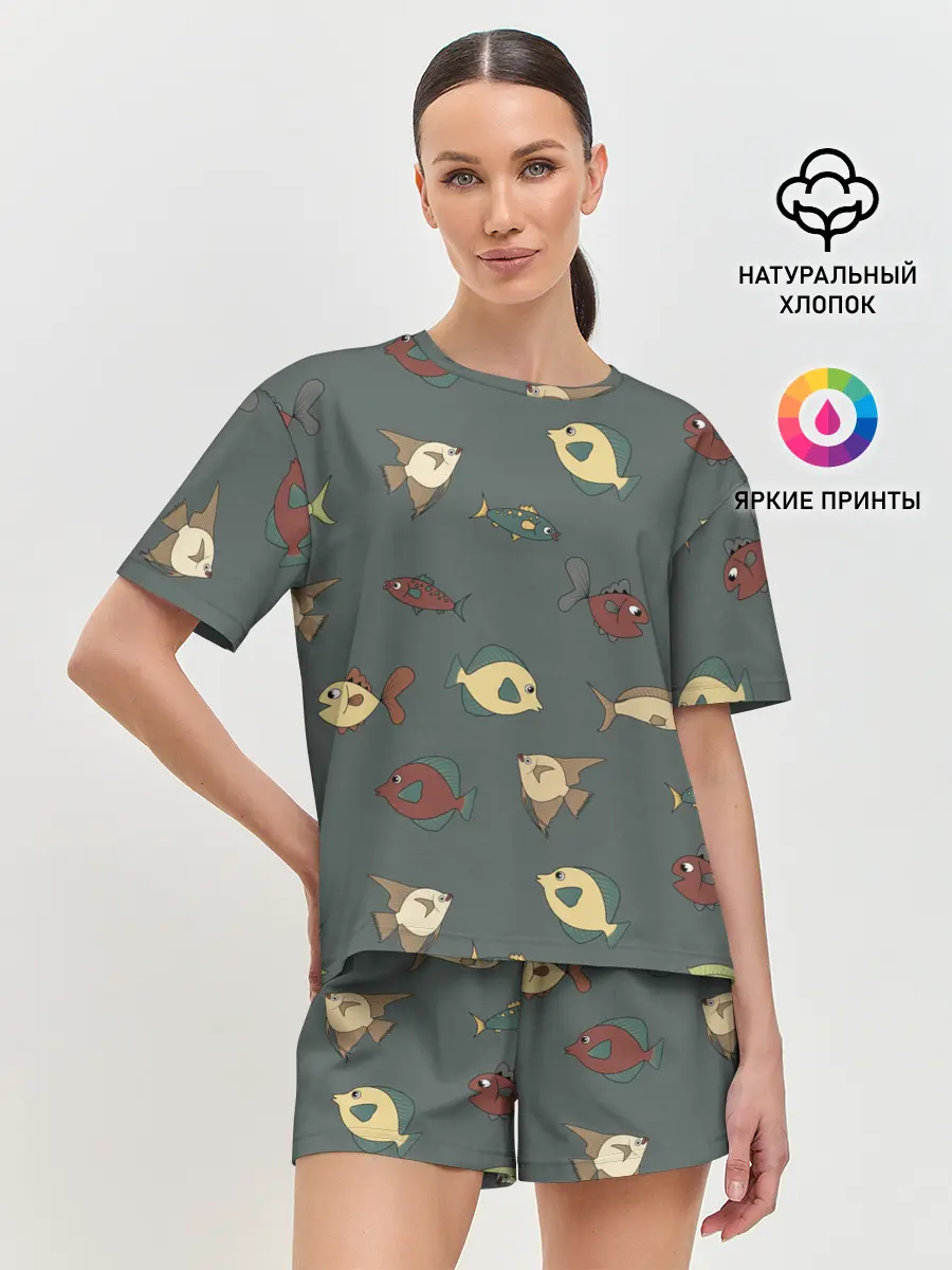 Женская пижама с шортами / Морские рыбки на зеленом фоне