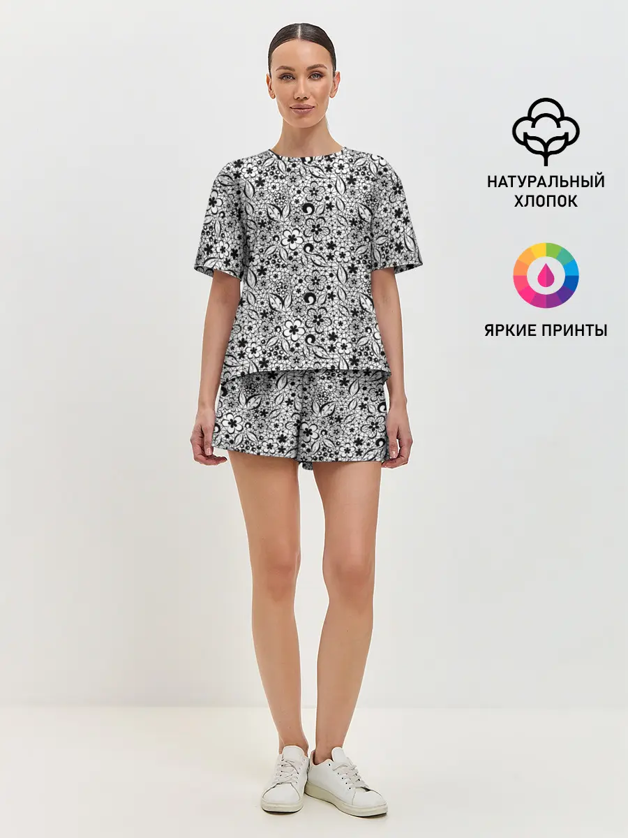 Женская пижама с шортами / Черное кружево цветочное