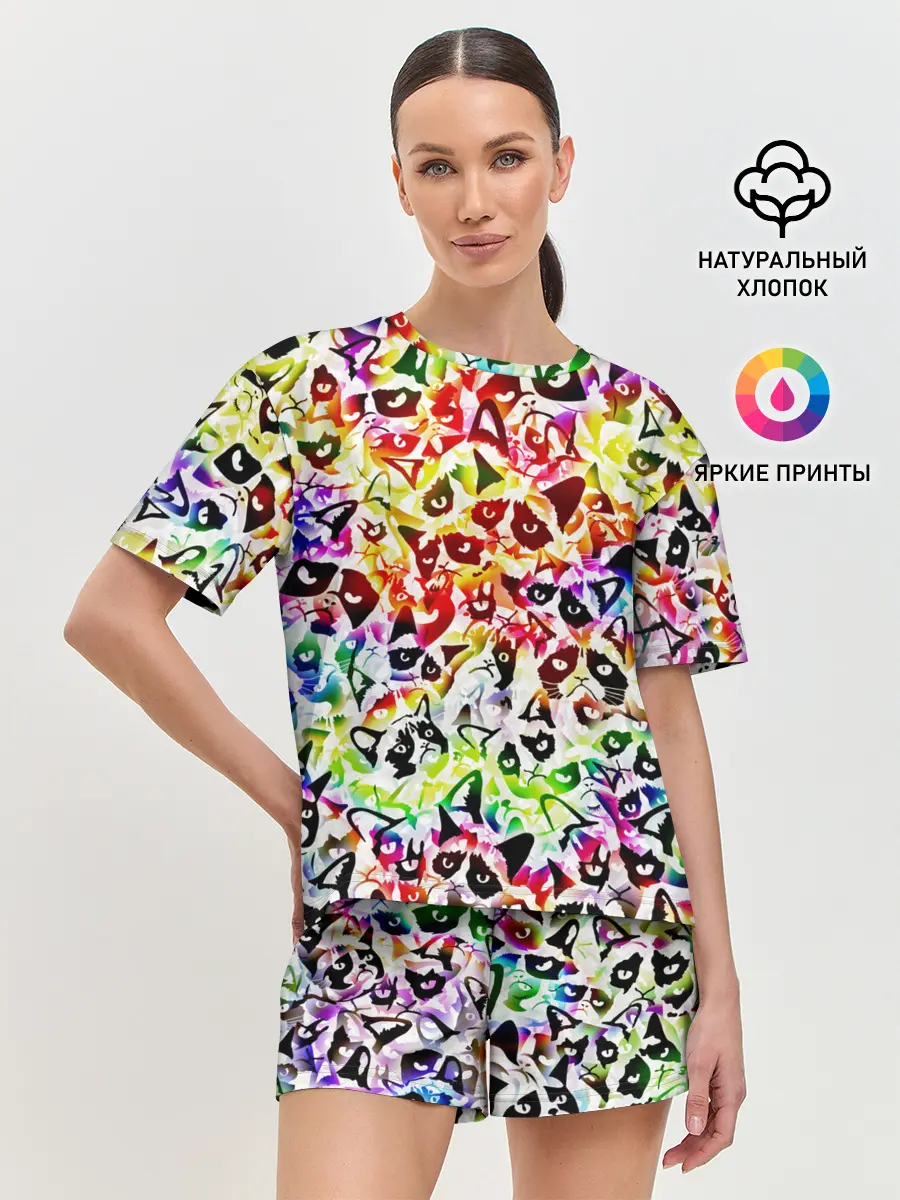 Женская пижама с шортами / Веселый узор из грустных котов
