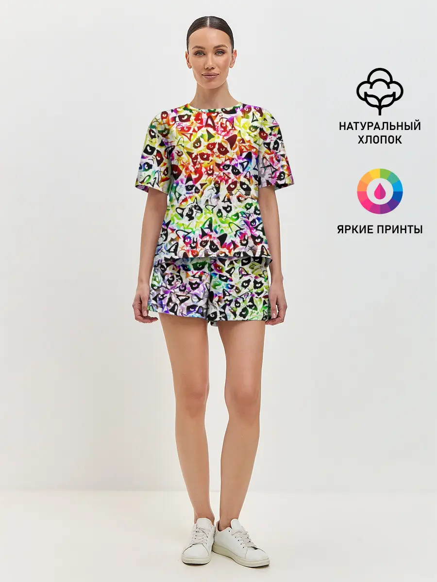 Женская пижама с шортами / Веселый узор из грустных котов