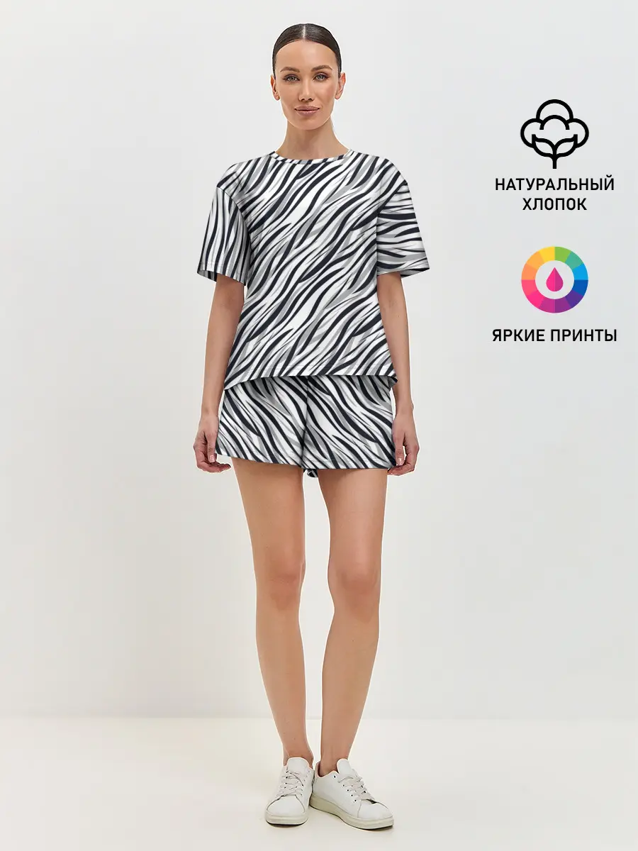 Женская пижама с шортами / Черно-белый полосатый тигровый