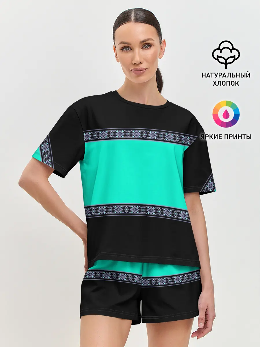 Женская пижама с шортами / Черно-бирюзовый узор