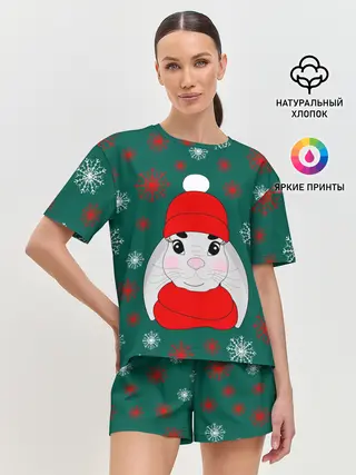 Женская пижама с шортами / зимний кролик и снежинки