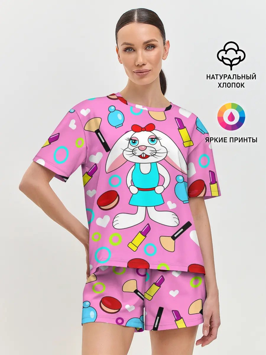 Женская пижама с шортами / кролик и косметика