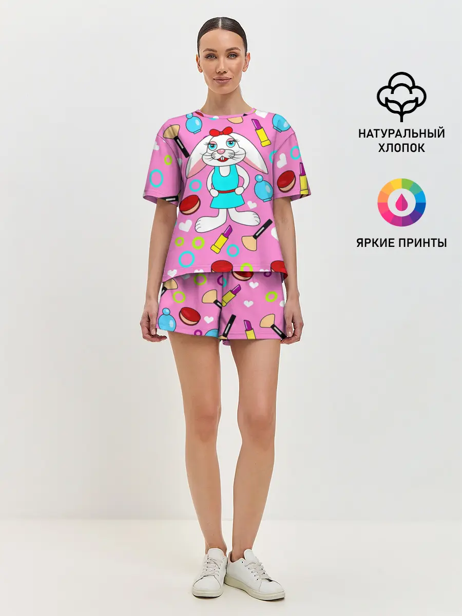 Женская пижама с шортами / кролик и косметика