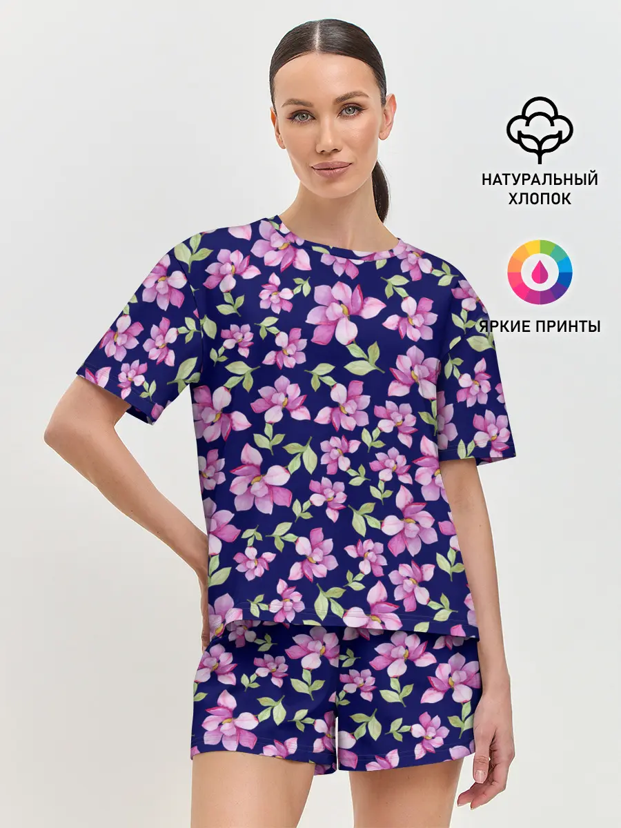 Женская пижама с шортами / Акварельные цветы Магнолии