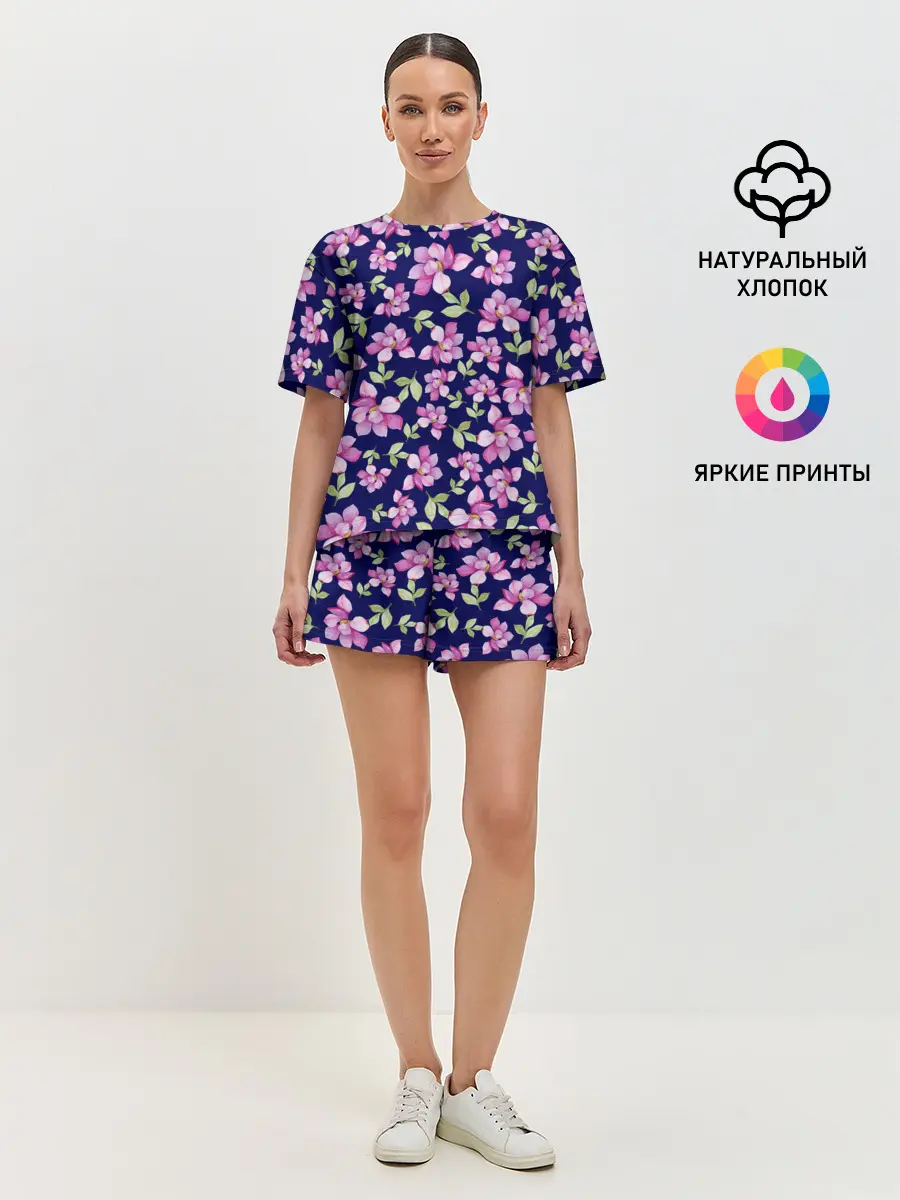 Женская пижама с шортами / Акварельные цветы Магнолии