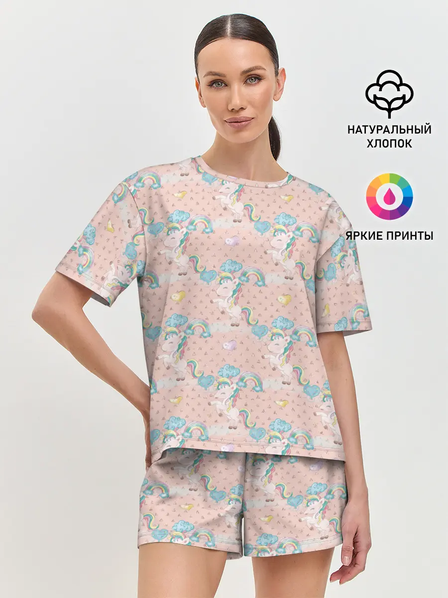 Женская пижама с шортами / Единороги из паттерна