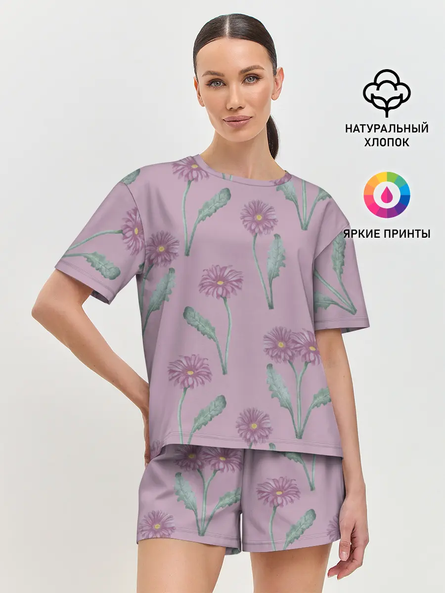 Женская пижама с шортами / Розовые герберы на розовом фоне