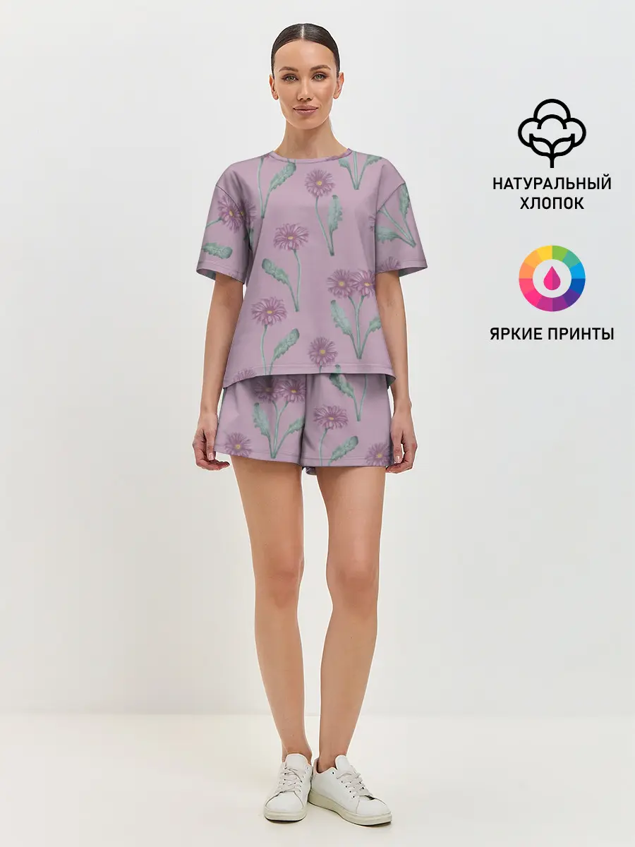 Женская пижама с шортами / Розовые герберы на розовом фоне