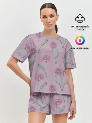 Женская пижама с шортами / Розовые герберы на розовом фоне
