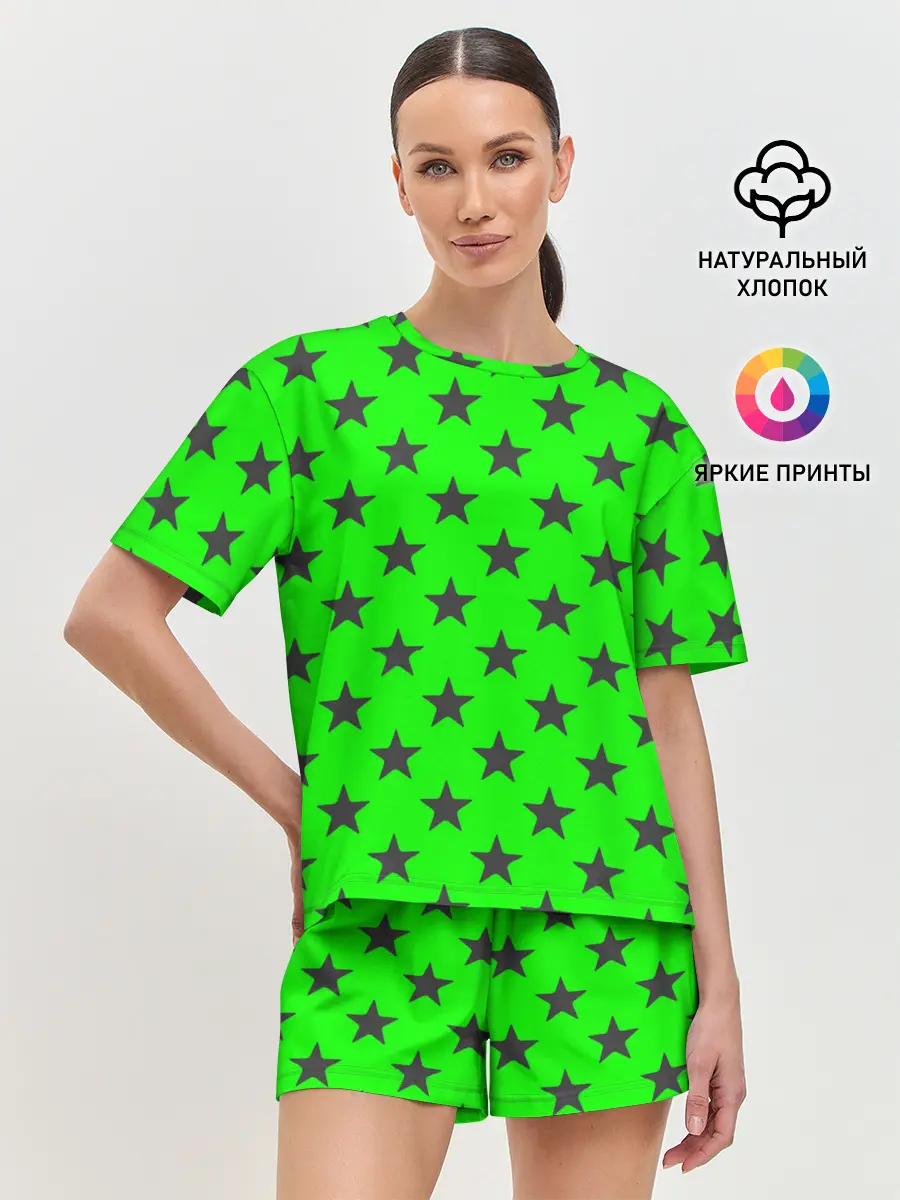 Женская пижама с шортами / звездный фон зеленый