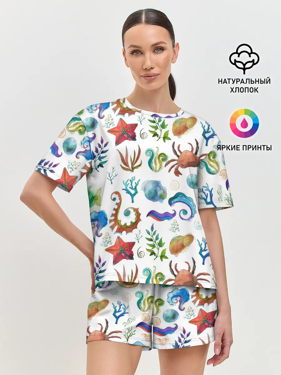 Женская пижама с шортами / Морской паттерн с крабами и водорослями