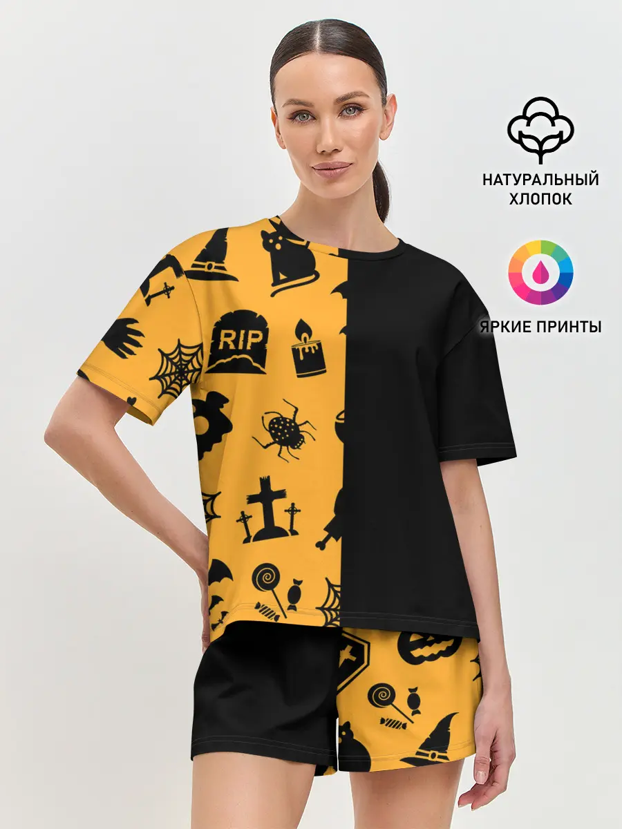 Женская пижама с шортами / ЧЕРНО-ОРАНЖЕВЫЙ ХЭЛЛОУИН