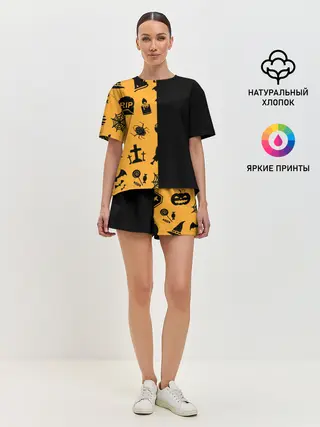 Женская пижама с шортами / ЧЕРНО-ОРАНЖЕВЫЙ ХЭЛЛОУИН