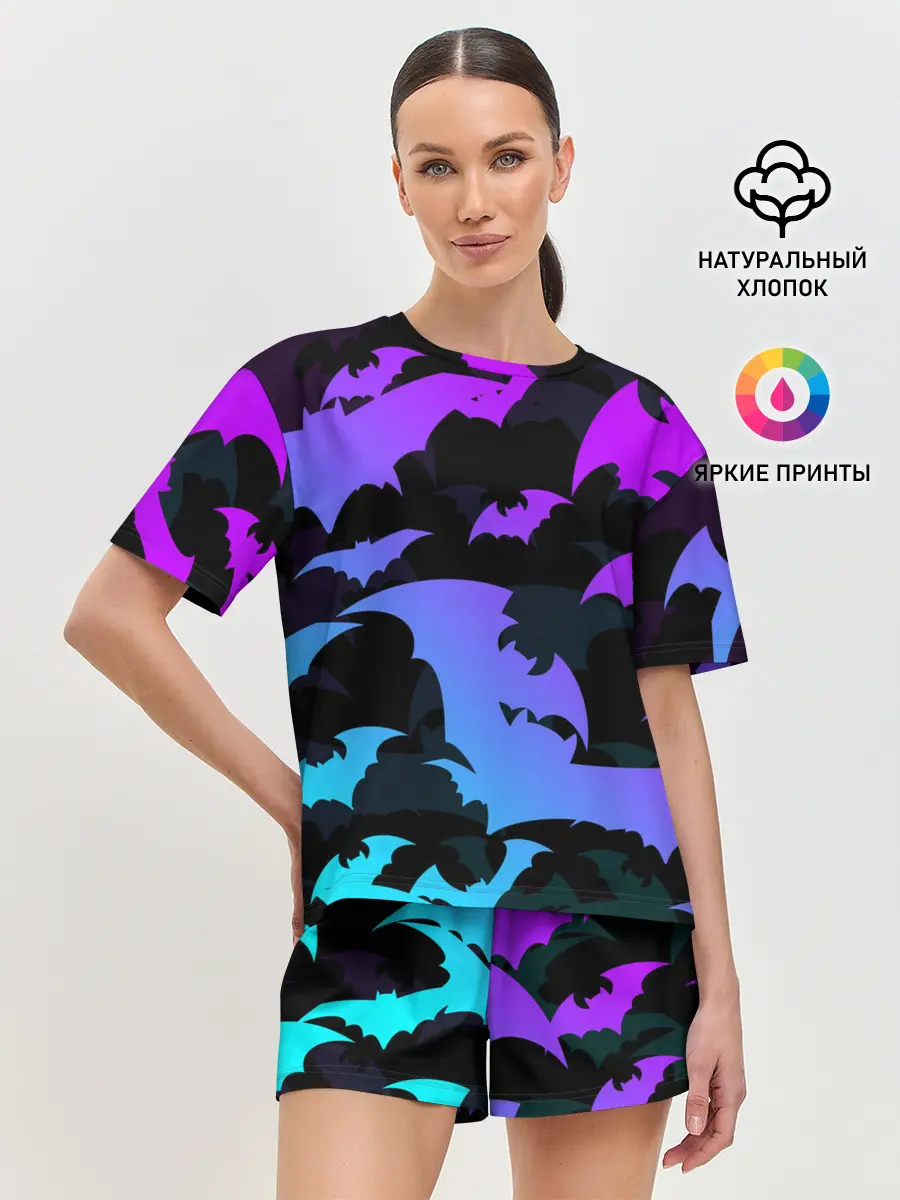 Женская пижама с шортами / ЛЕТУЧИЕ МЫШИ ХЕЛЛОУИН НЕОН / HALLOWEEN NEON