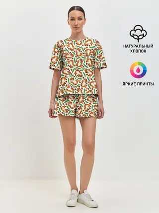 Женская пижама с шортами / Тигрята, еловые ветки и желуди