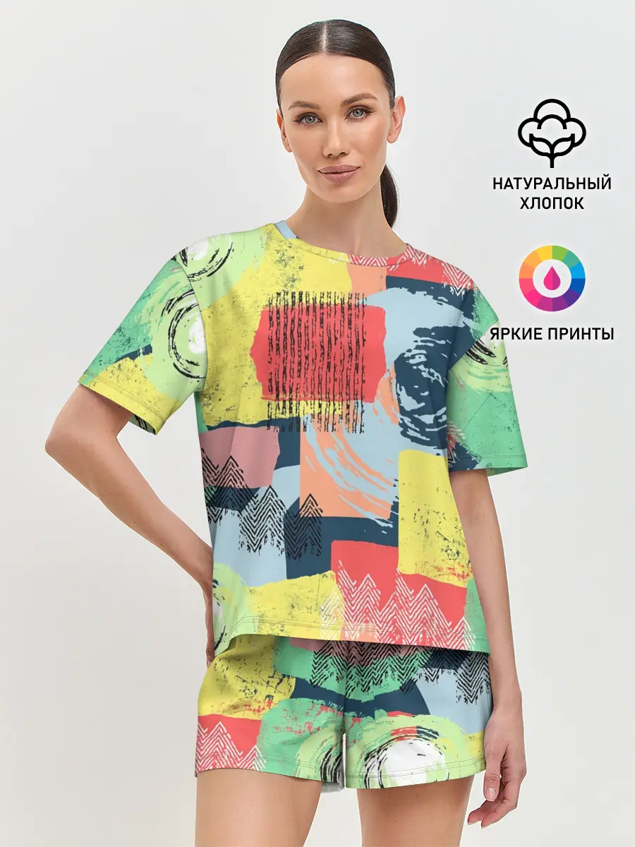 Женская пижама с шортами / Желто-зеленый тай-дай