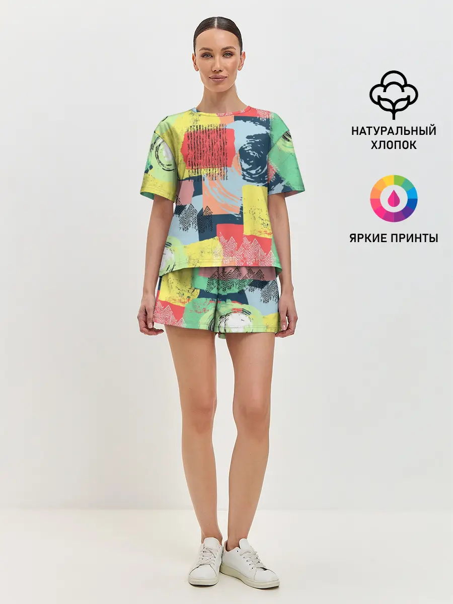 Женская пижама с шортами / Желто-зеленый тай-дай