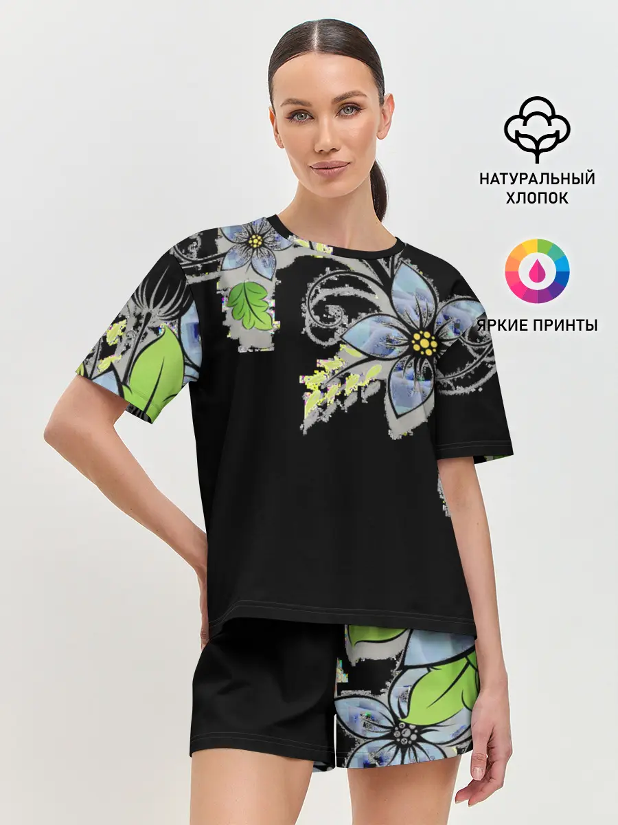 Женская пижама с шортами / Цветочная композиция с бабочками