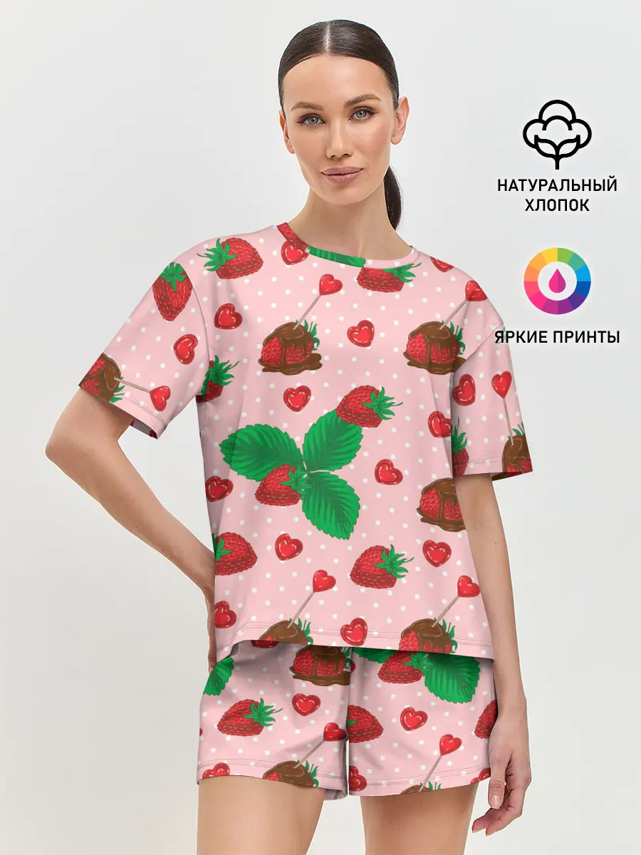 Женская пижама с шортами / Клубника в шоколаде