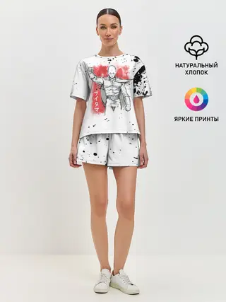 Женская пижама с шортами / One Punch-Man черные брызги Сайтама