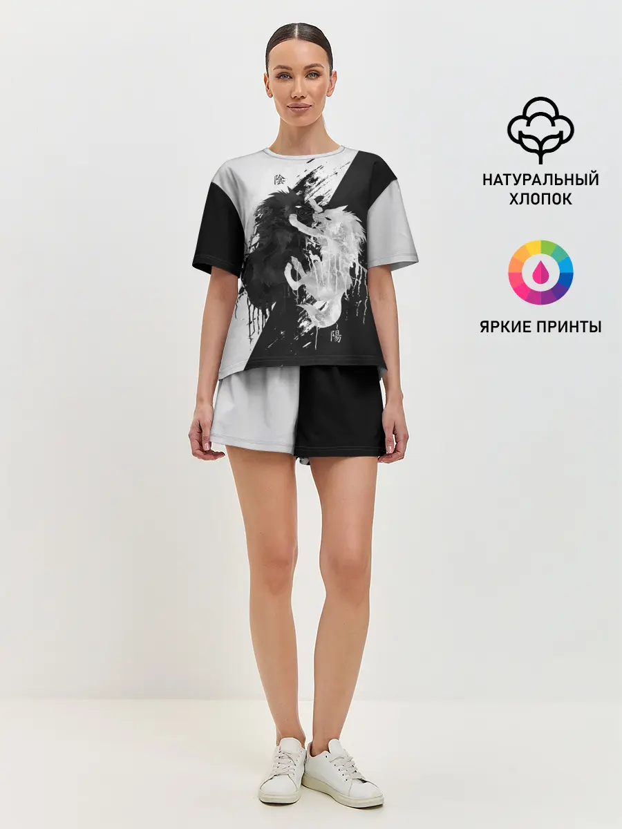 Женская пижама с шортами / ИНЬ ЯНЬ ВОЛКИ ЧЁРНО БЕЛЫЙ