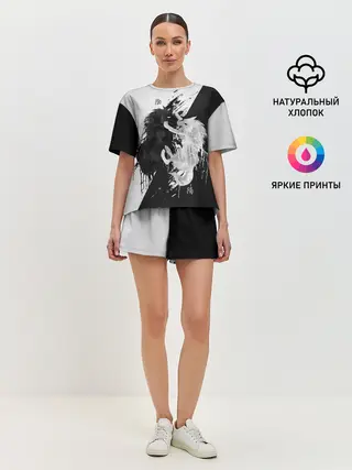 Женская пижама с шортами / ИНЬ ЯНЬ ВОЛКИ ЧЁРНО БЕЛЫЙ