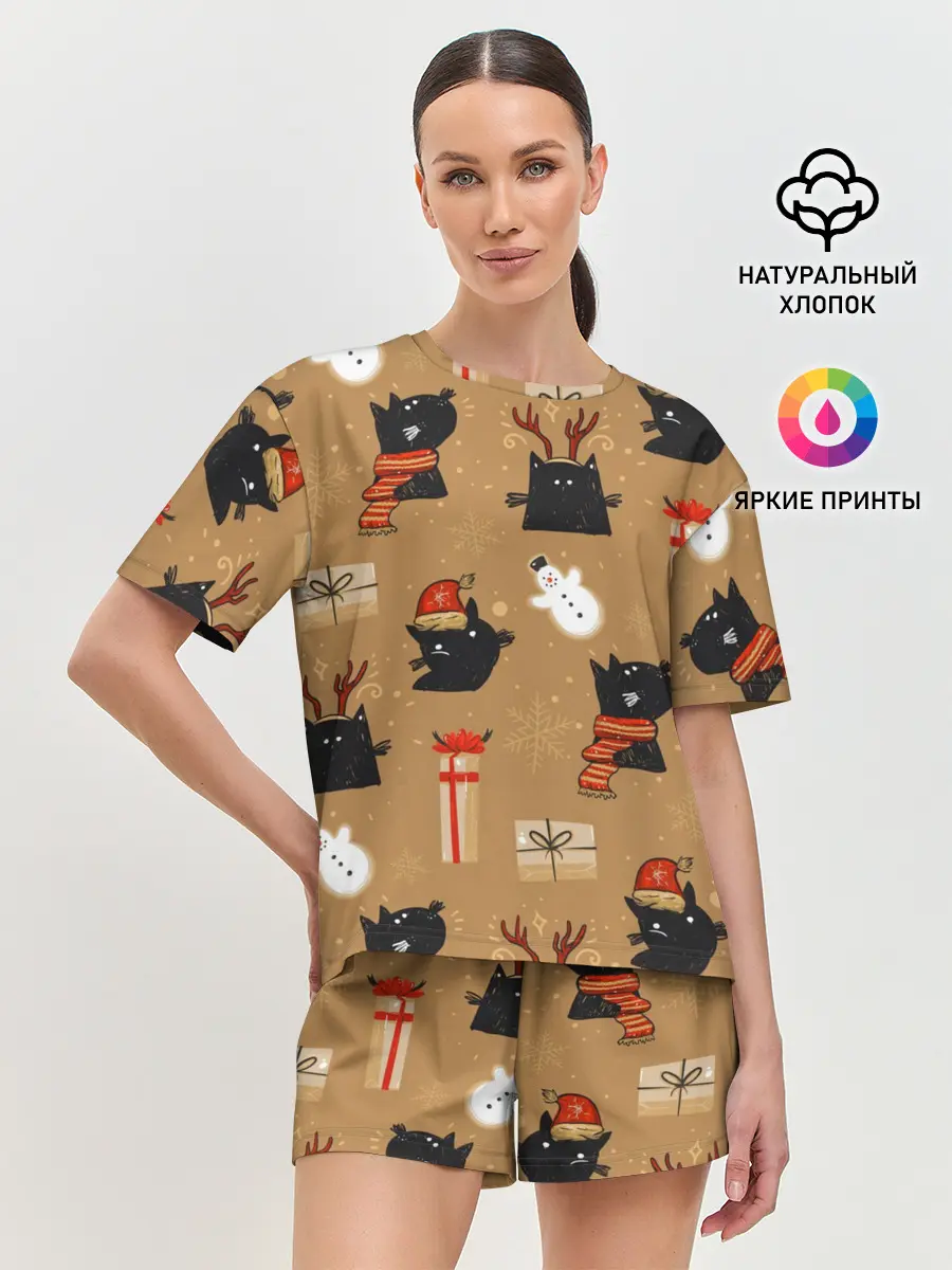 Женская пижама с шортами / Черные новогодние коты