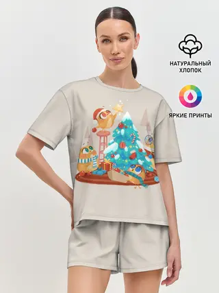 Женская пижама с шортами / Зверята празднуют новый год