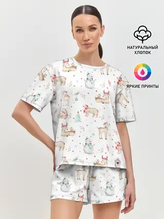 Женская пижама с шортами / Паттерн с оленями и медведями