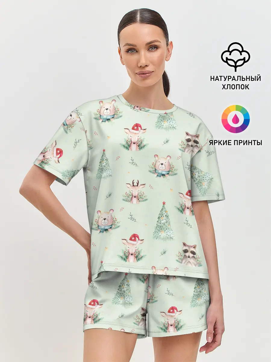 Женская пижама с шортами / Олени, медведи и еноты