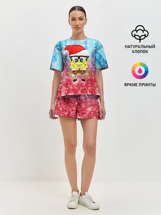 Женская пижама с шортами / Новогодний Спанч Боб