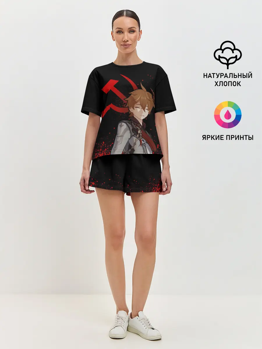 Женская пижама с шортами / ТАРТАЛЬЯ | СНЕЖНАЯ | ЧЕРНЫЙ