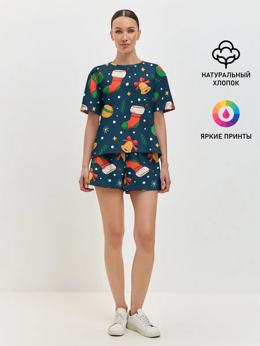 Женская пижама с шортами / Новогодний, рождественский узор