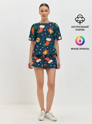 Женская пижама с шортами / Новогодний, рождественский узор