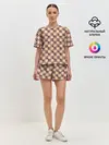 Женская пижама с шортами / Коричневые и бежевые квадраты с линями