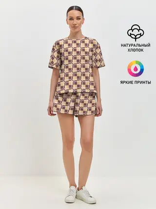 Женская пижама с шортами / Коричневые и бежевые квадраты с линями