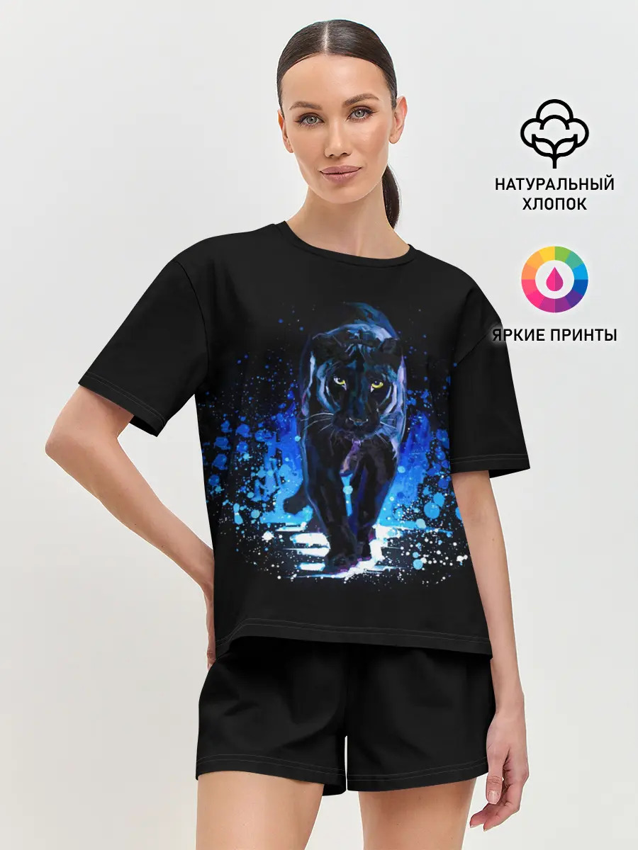 Женская пижама с шортами / Черная пантера пятна краски