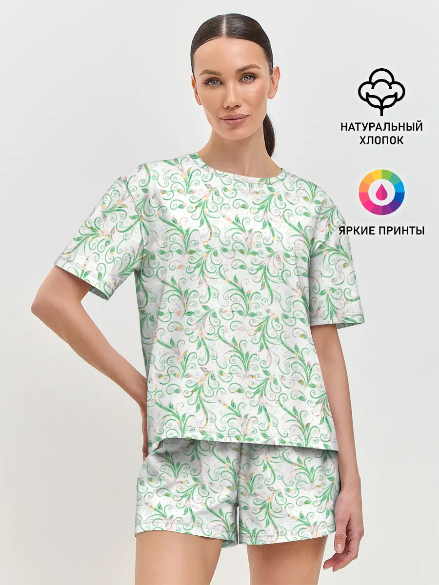 Женская пижама с шортами / Весенние узоры из листьев