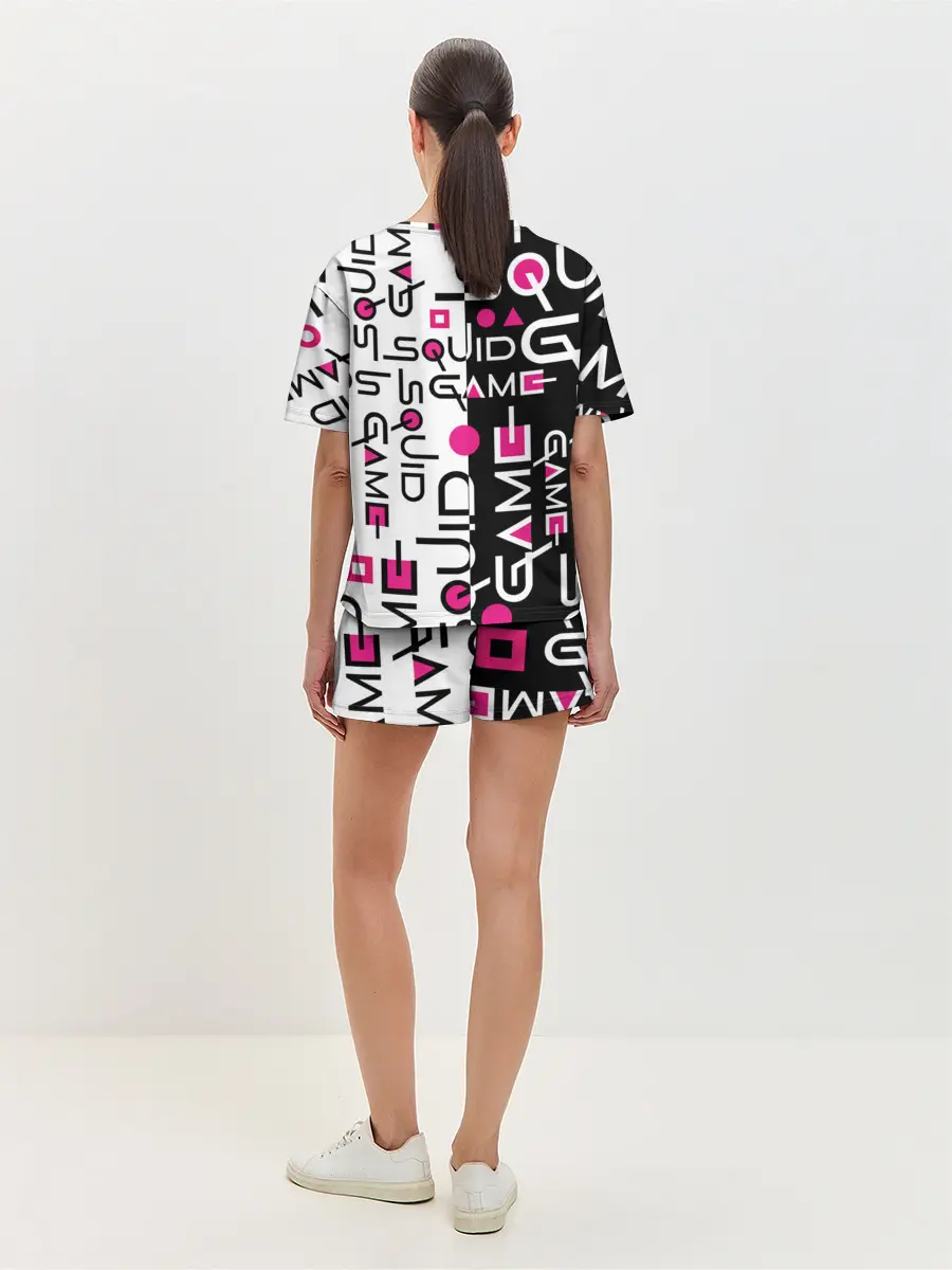 Женская пижама с шортами / ИГРА В КАЛЬМАРА / ЧЁРНО БЕЛЫЙ ПАТТЕРН ЛОГО