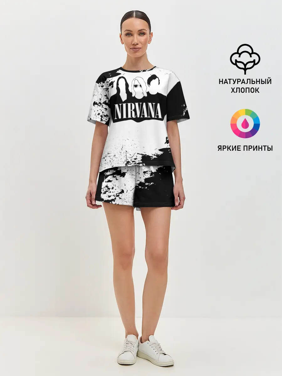 Женская пижама с шортами / Нирвана Рок Группа Гранж ЧБ | Nirvana