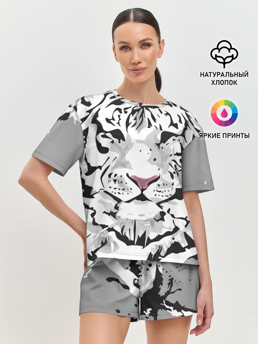 Женская пижама с шортами / Белый снежный тигр