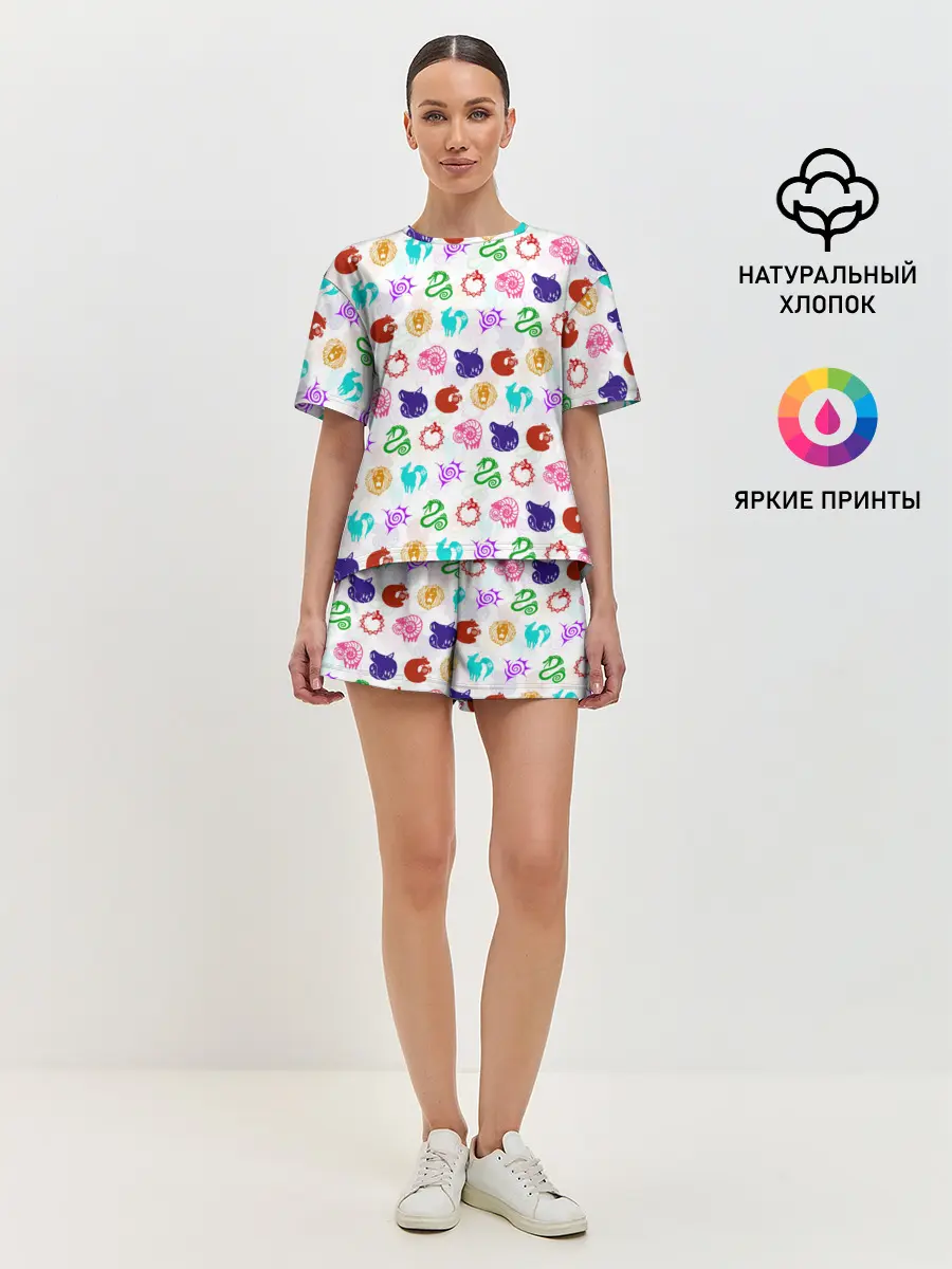 Женская пижама с шортами / 7 СМЕРТНЫХ ГРЕХОВ ЦВЕТНОЙ ПАТТЕРН СИМВОЛЫ