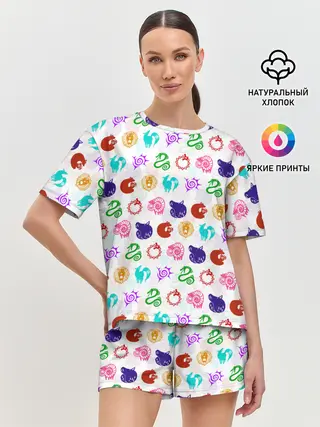 Женская пижама с шортами / 7 СМЕРТНЫХ ГРЕХОВ ЦВЕТНОЙ ПАТТЕРН СИМВОЛЫ