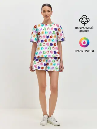 Женская пижама с шортами / 7 СМЕРТНЫХ ГРЕХОВ ЦВЕТНОЙ ПАТТЕРН СИМВОЛЫ