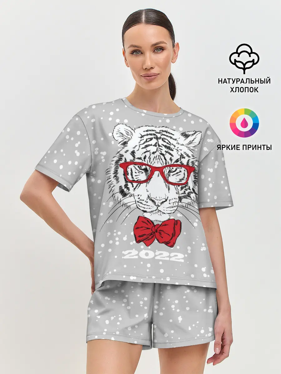 Женская пижама с шортами / Белый тигр с красным бантом