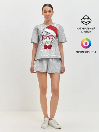 Женская пижама с шортами / Белый тигр в шапке Санты
