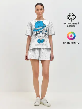 Женская пижама с шортами / Белый тигр в синей шляпе
