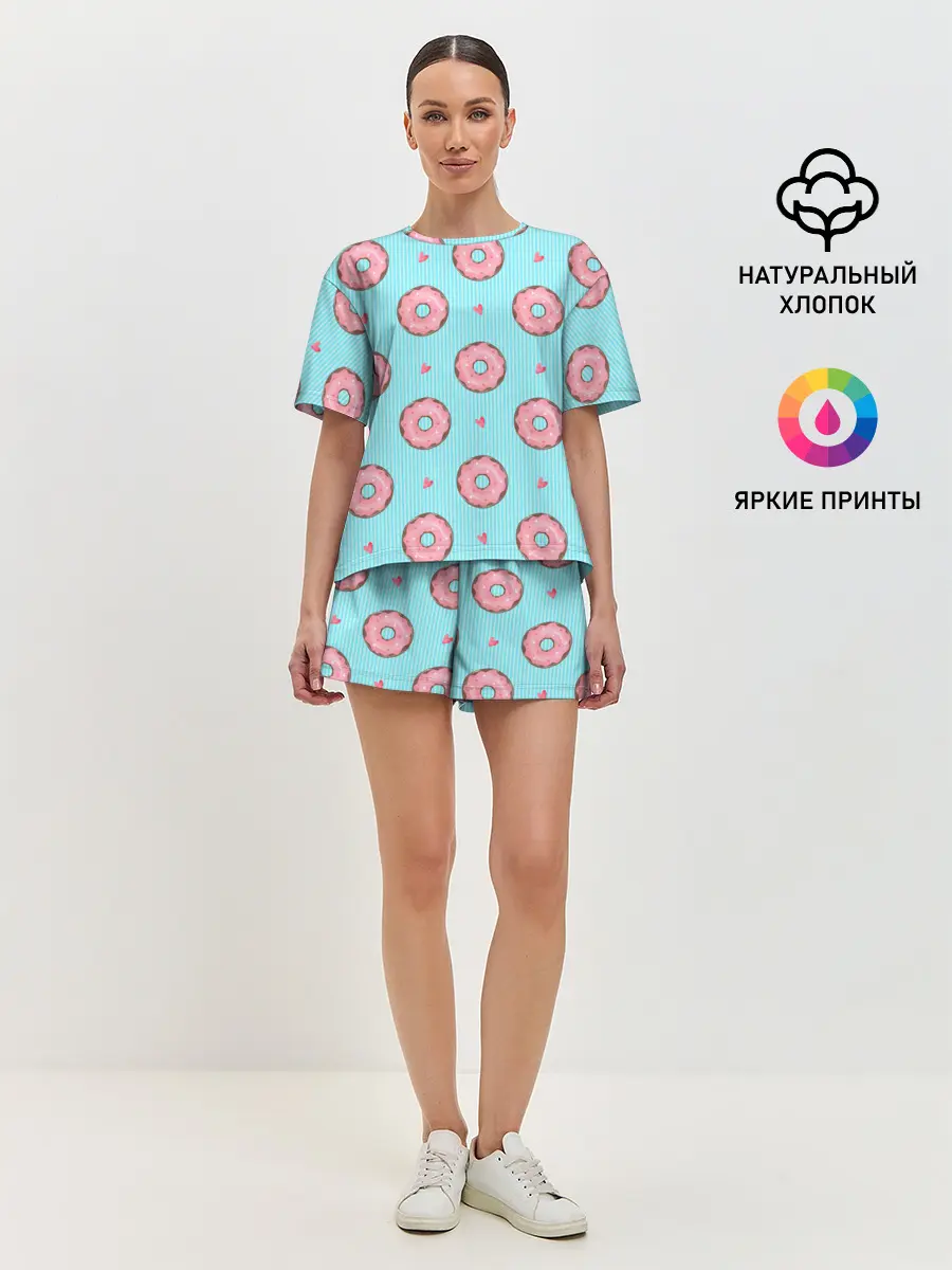 Женская пижама с шортами / Розовые пончики